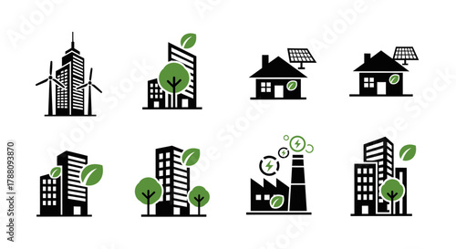 Modern sustainable city icons featuring green energy buildings wind turbines solar homes and eco friendly factories for environmental concepts