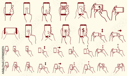 Smartphone touch screen icon set. Hand clicking, tapping, touch gesture on mobile device. Cell phone interface interaction. Click cursor, finger press, touchscreen action vector illustration