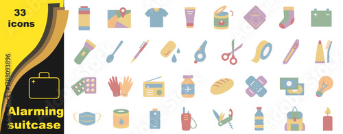 A set of icons in soft pastel colors dedicated to the theme of survival and emergency preparedness.