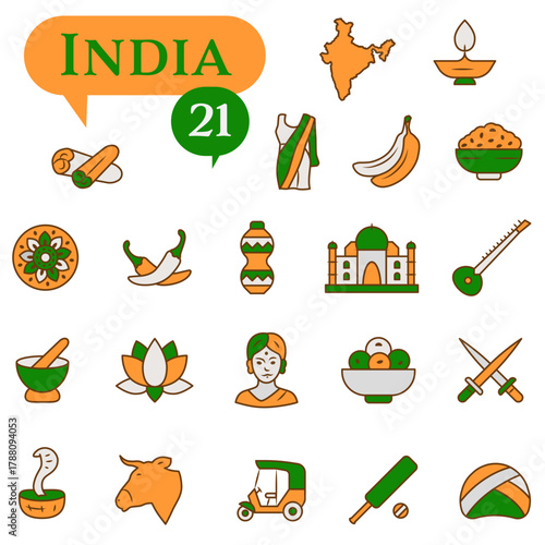 A set of icons in orange and green colors dedicated to life in India.