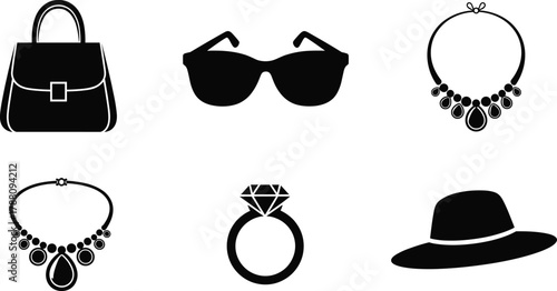 Fashion accessories silhouette icons, handbag, sunglasses, necklace, diamond ring, wide-brim hat, elegant vector set, black style, minimalist design, trendy clipart
