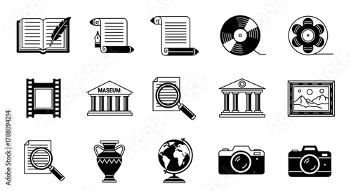 Discover history and culture with these iconic symbols representing knowledge, exploration, and artistic expression.