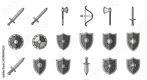 Discover a collection of medieval weapons and shields, perfect for historical projects, game design, or fantasy illustrations, offering a versatile design asset.