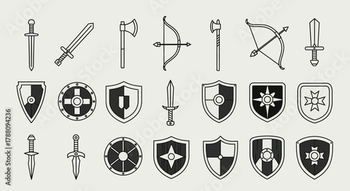 Bold medieval weapons and shield collection iconic symbols for historical adventure and fantasy game design assets