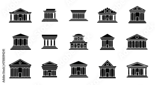 Collection of diverse classical architectural building icons symbolizing government, finance, and history with strong visual appeal for any project.
