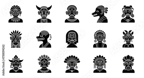 Collection of stylized tribal masks and figures, representing diverse cultural heritage and ancient traditions, perfect for design projects