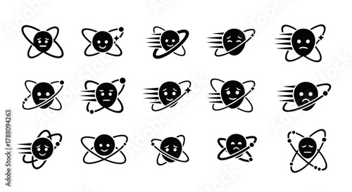 Expressive atom icons capture diverse emotions and scientific concepts, perfect for educational and innovative designs