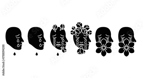 Emotional journey depicted through evolving faces showing sorrow transforming into blooming beauty and acceptance