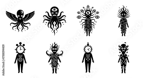 Whimsical creatures and abstract figures with unique, imaginative designs perfect for creative projects and unique branding