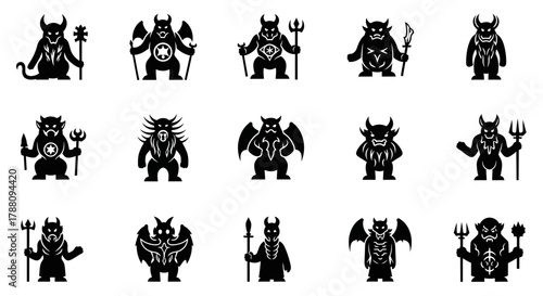 Collection of fierce, stylized demon characters with horns, wings, and weapons, perfect for game design or fantasy themes.