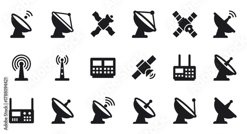 Diverse communication and broadcasting icons including satellites, antennas, and receivers for modern technology and connectivity concepts.