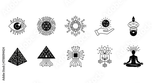 Dynamic collection of futuristic technology and abstract concept icons for modern digital design and innovation projects.