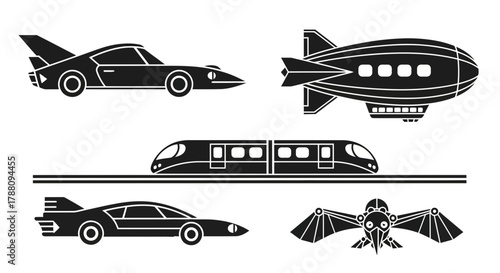 Dynamic collection of futuristic and retro transport icons featuring sleek cars, a blimp, high-speed train, and unique flying machine