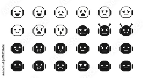 Expressive robot emotion icons showcase diverse feelings from joy to anger, perfect for tech and communication projects