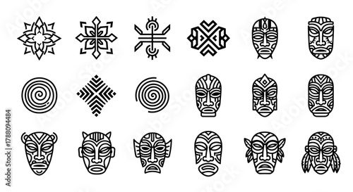 Explore a collection of striking tribal masks and abstract geometric symbols, perfect for branding and cultural design projects