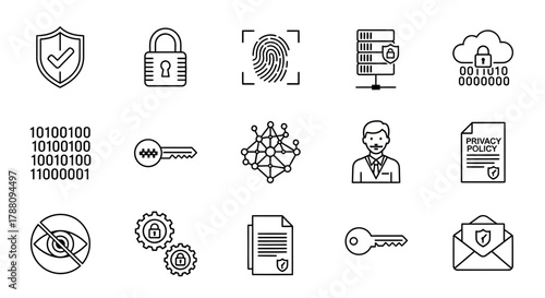 Modern digital security icons for data protection, privacy, and access control showcasing encryption, identity, and compliance for tech businesses