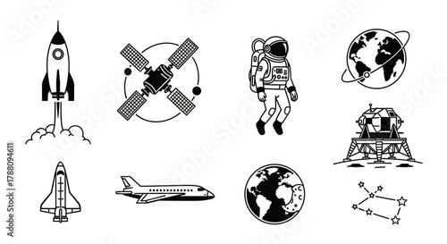 Explore the cosmos with iconic space exploration elements including rockets, astronauts, satellites, planets, and lunar modules for your next project.