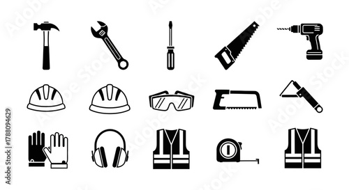 Essential construction tools and safety gear icons for building projects and industrial work, illustrating professional craftsmanship and protective measures.