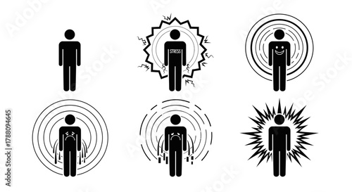 Visualizing human emotions and mental states through simple, impactful stick figure icons representing stress, joy, and well-being