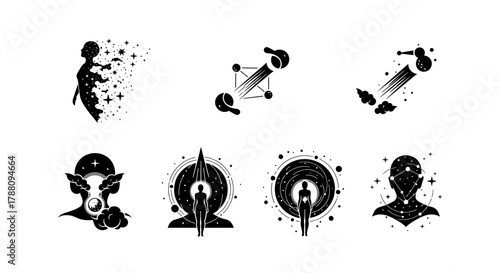 Abstract cosmic human silhouettes and celestial designs symbolizing transformation, consciousness, and the universe's mysteries