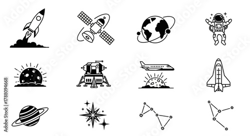 Embark on an exciting journey with this collection of iconic space and travel icons featuring rockets, astronauts, planets, and celestial bodies.