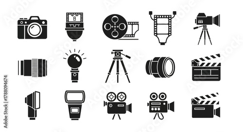 Capturing moments with professional photography and filmmaking gear icons for dynamic visual storytelling and modern media projects