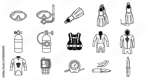 Essential scuba diving gear collection including mask snorkel fins wetsuits tanks and safety equipment for underwater adventures