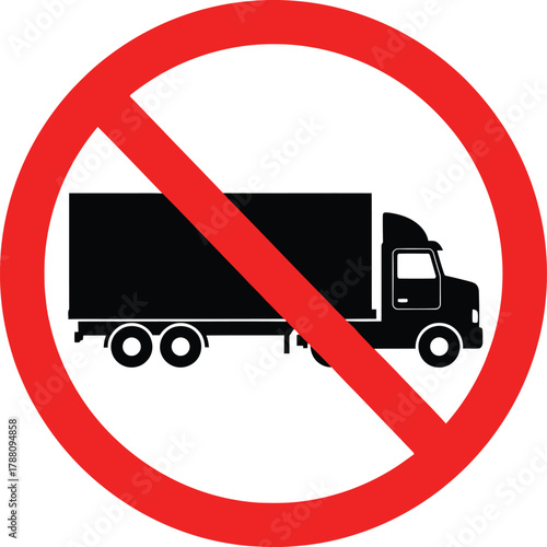 No trucks allowed sign vector illustration with a cargo semi-trailer vehicle silhouette inside a red forbidden circle, indicating transport restrictions.