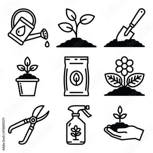 Gardening Tools and Plant Growth Icons in Black and White