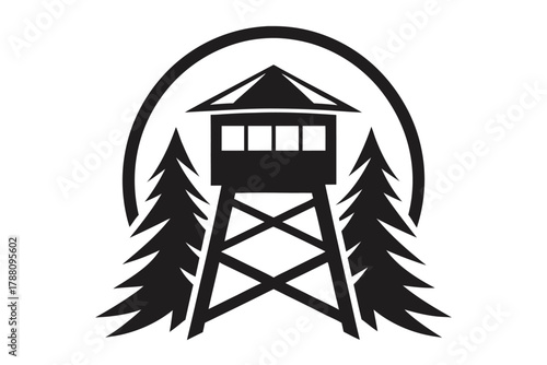 Black and white logo reveals lookout tower with pine trees within circular frame