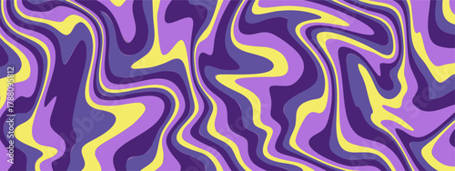 Swirling abstract pattern of purple yellow and blue wavy lines creating a psychedelic effect.