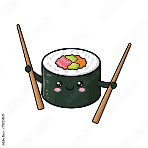 Cartoon sushi roll character holding chopsticks with a cheerful expression on a white background.