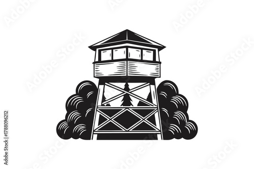 Black and white lookout tower stands tall amidst stylized tree line near a forest