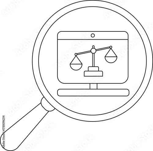 A computer screen with a scale of justice is displayed within a magnifying glass