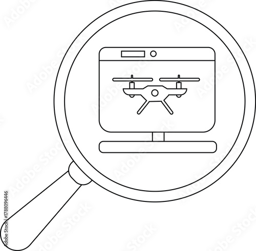 A magnifying glass focuses on a computer monitor displaying a drone icon
