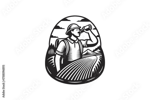 Black and white sketch shows man with binoculars looking over the landscape view