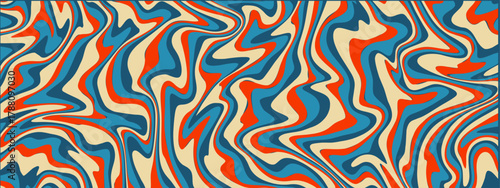 A psychedelic swirling pattern of cream blue and orange hues evoking a retro vibe.