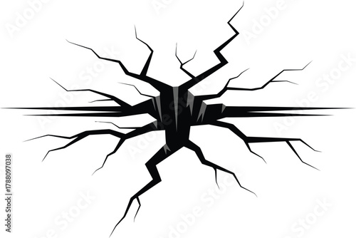Stylized dark crack spreading across a white surface, depicting a rupture, damage, or the consequences of an impact, ideal for a design element.