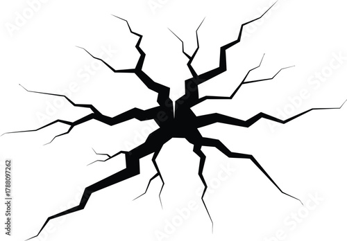 Abstract black crack or fissure spreading across a white surface, symbolizing damage, destruction, impact, fragility, and stress on materials and structures