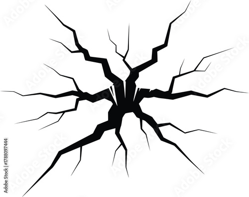 Stylized abstract black crack illustration. damaged surface graphic with radiating lines, representing impact, breakage, destruction, or earthquake effect.