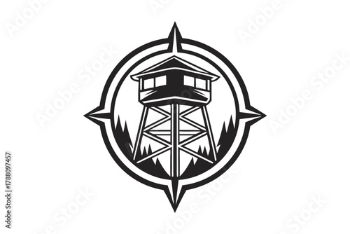 Black compass features watchtower above trees, indicating exploration in monochrome