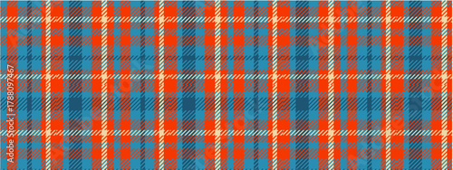 An eye-catching tartan pattern featuring bold orange and vibrant blue interwoven with subtle gray and crisp white lines creating a dynamic and textured textile design.