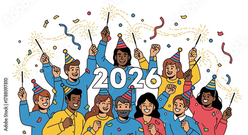 Diverse group of happy people celebrating the new year 2026 with sparklers and confetti wearing party hats
