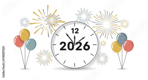 Happy new year 2026 celebration with a clock showing the approaching midnight and festive fireworks and balloons