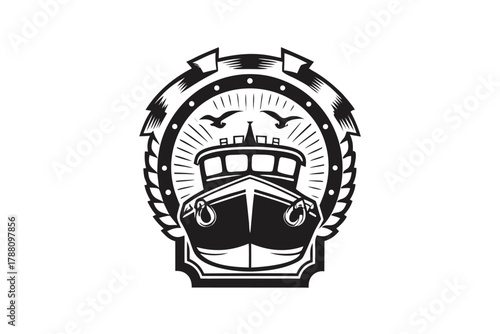 Black fishing boat icon with sun rays and birds in detailed monochrome style