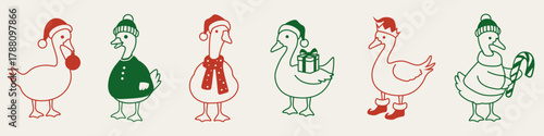 Cute Christmas goose illustration set. Whimsical farm animal Christmas clipart for cards, wrapping paper, stickers, invitations