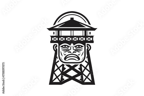 Black depicts a Japanese pagoda merged with an angry, scowling samurai face