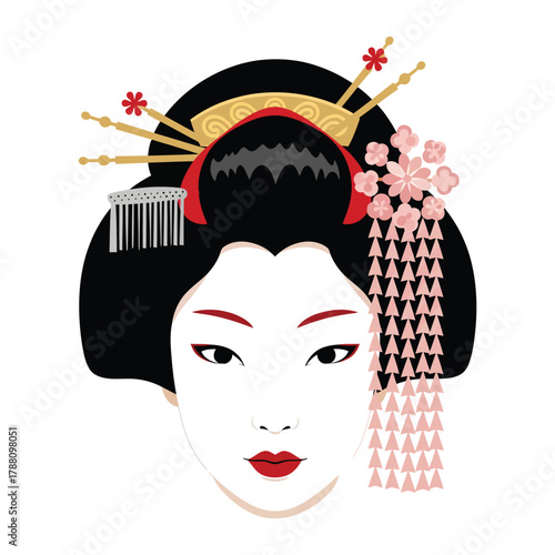 Illustration of a traditional Japanese geisha with ornate hair ornaments and makeup on a white background