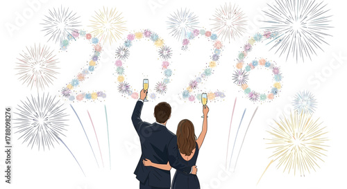 Couple celebrating the new year 2026 with champagne and colorful fireworks display against a white background