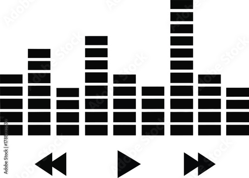 Sound equalizer bars and media player control icons including play, rewind, and fast forward, representing audio, music, and digital interface